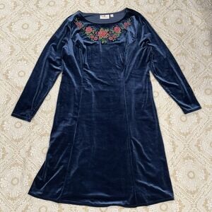 Quacker Factory Blue Velvet Dress L Embroidered Roses Granny Core Cottage Fairy